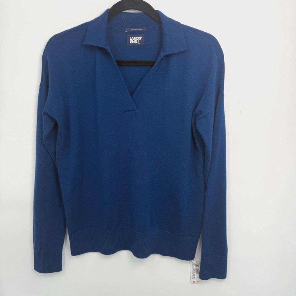 Lands' End Merino Wool V-Neck Sweater Womens XXS Blue Cozy Minimalist Academia